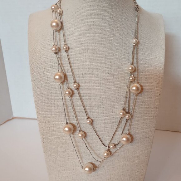 Rmn Jewelry - RMN Floating Faux Pearl Necklace Silver Tone Triple Strand Vintage-Inspired